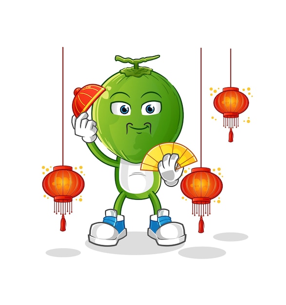 Green coconut head cartoon Chinese with lanterns illustration. character vector