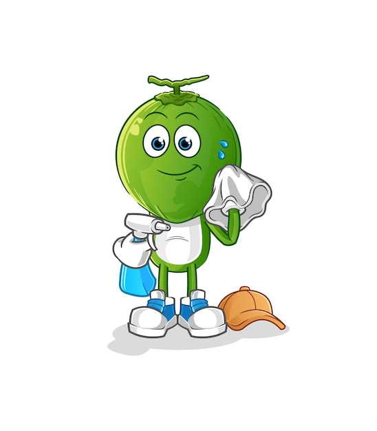 Green coconut head cartoon cleaner vector. cartoon character