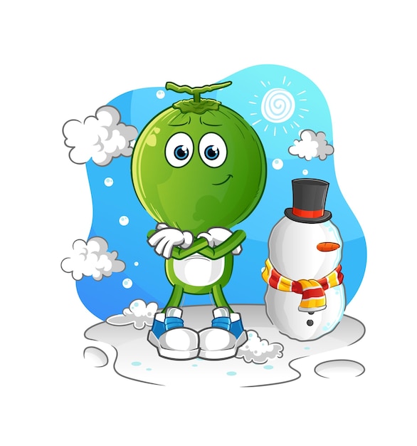 Green coconut head cartoon in cold winter character cartoon vector