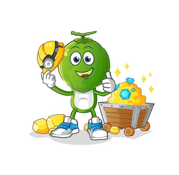 Green coconut head cartoon miner with gold character cartoon vector