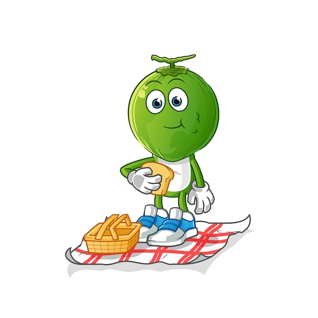 Fumetto della testa di cocco verde su un vettore della mascotte del fumetto di picnic