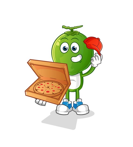 Vettore vettore del ragazzo delle consegne della pizza del fumetto della testa della noce di cocco verde. personaggio dei cartoni animati