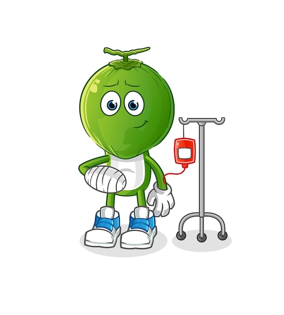 Green coconut head cartoon sick in IV illustration character vector