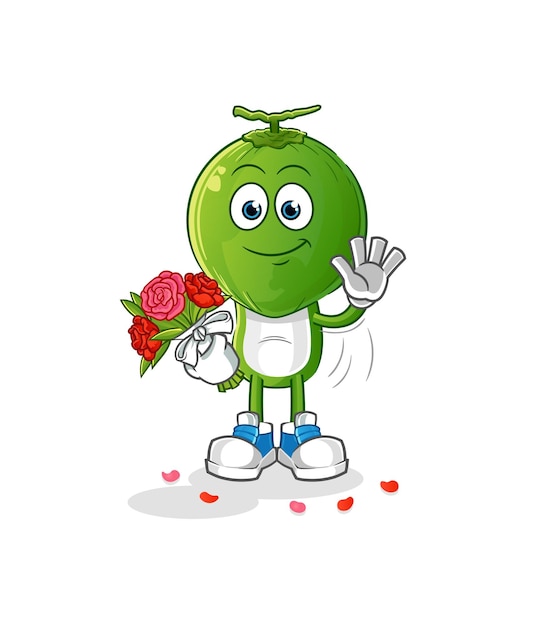 Cartone animato testa di cocco verde con vettore di cartone animato mascotte bouquet