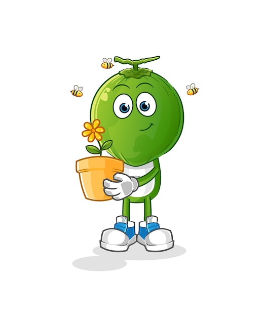 Green coconut head cartoon with a flower pot character vector