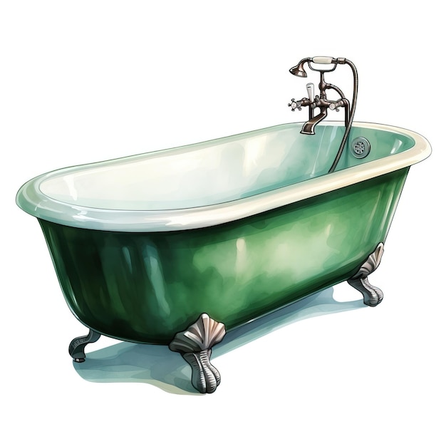 Vector green color bathtub watercolor vector white background is