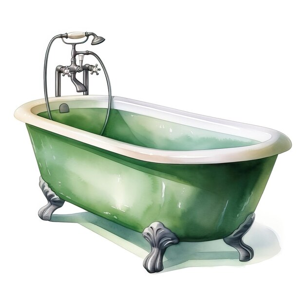 Vector green color bathtub watercolor vector white background is