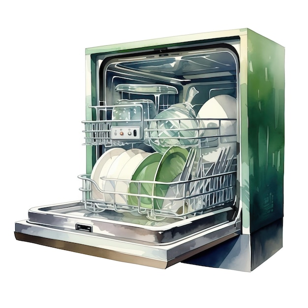 Green color Dishwasher watercolor vector white background