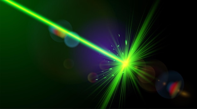 Vettore raggio laser di colore verde colpo laser con brillanti scintillii brillanti