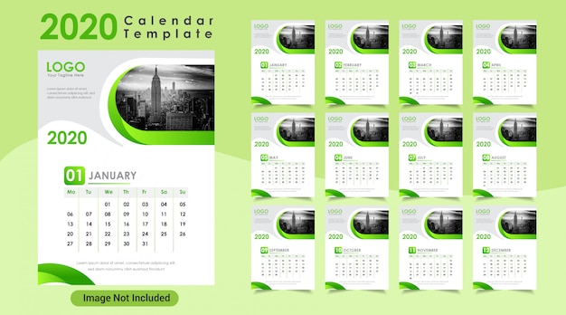 Vettore colore verde calendario da parete per il nuovo anno 2020