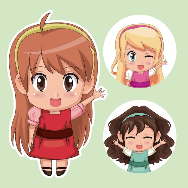 Vector green color set cute anime teenagers girl in dress with several facial expressions