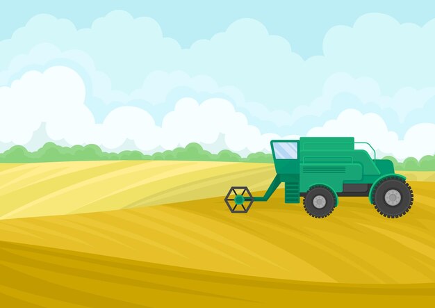 Green combine in the field vector illustration on white background