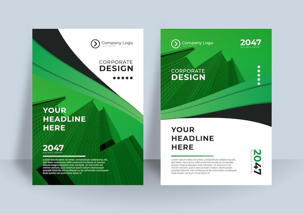 緑の企業の本の表紙のデザインテンプレート。現代の年次報告書ビジネスデザイン