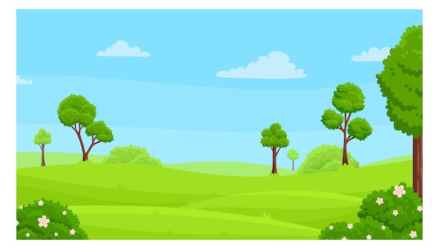 Green countryside background Summer day grassland scene Vector illustration