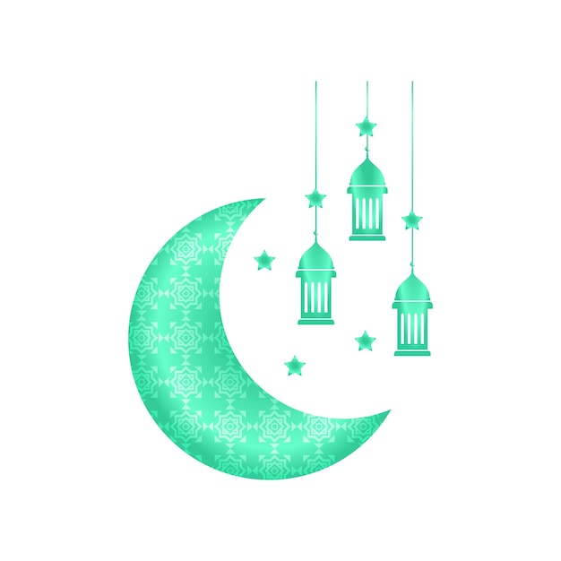 Vettore una falce di luna verde con un motivo blu e le parole eid al - fitr.