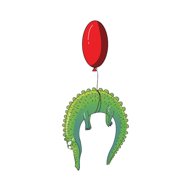 Green crocodile flies tied to red air balloon funny cartoon character wild animal graphic element for children room decor or book colorful vector illustration isolated on white background