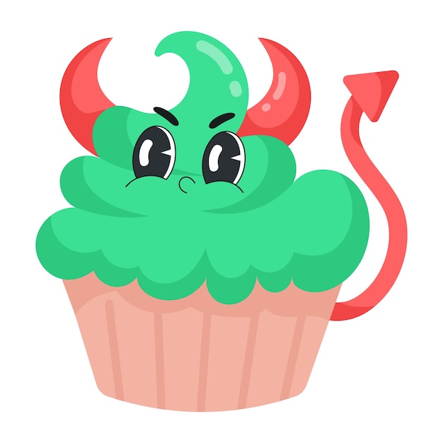 악마 얼굴과 악마 꼬리가 있는 녹색 컵케이크.