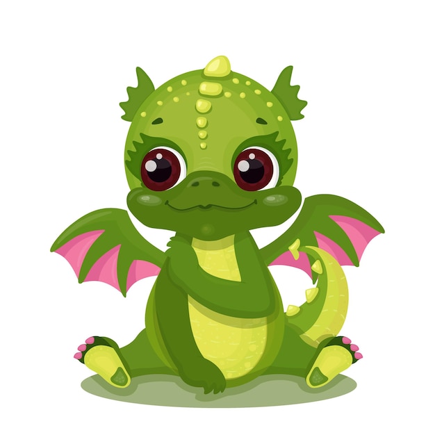 Vector green cute dragon with pink wings symbol of the year childrens vector illustration