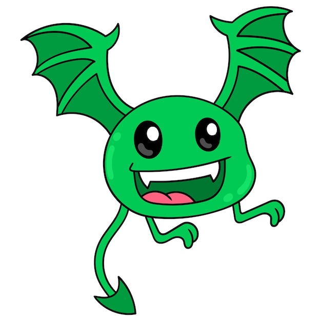 Mostro alato di pipistrello viso carino verde, illustrazione arte vettoriale. scarabocchiare icona immagine kawaii.