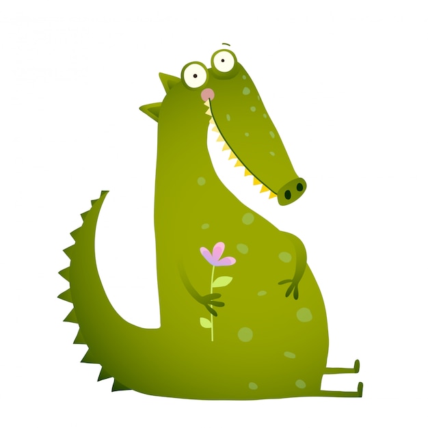 Green Cute Kids Crocodile Sitting with Flower