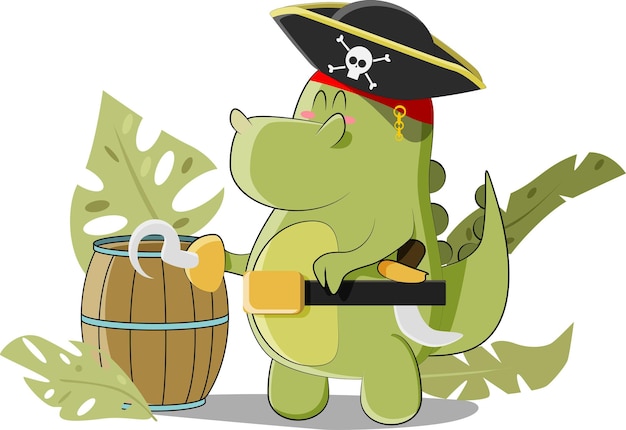 Green cute pirate dinosaur looking for treasure on a deserted island