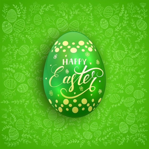 Green decorative Easter egg with holiday lettering Happy Easter on a background of floral patterns, illustration.