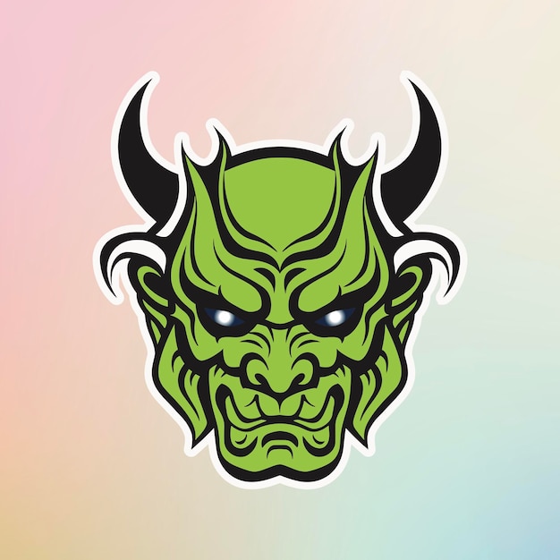 Green Demon with Black Horns on Light Blue Background