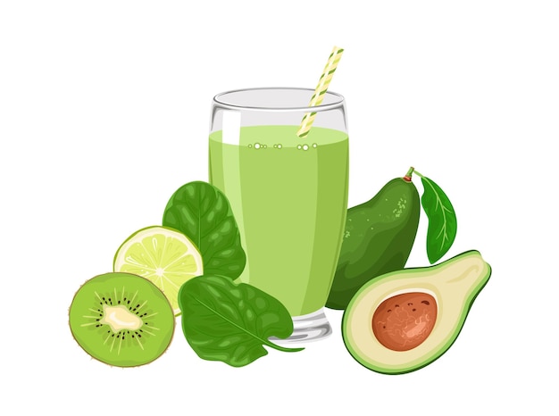 Green detox smoothie with spinach leaves lime kiwi and avocado