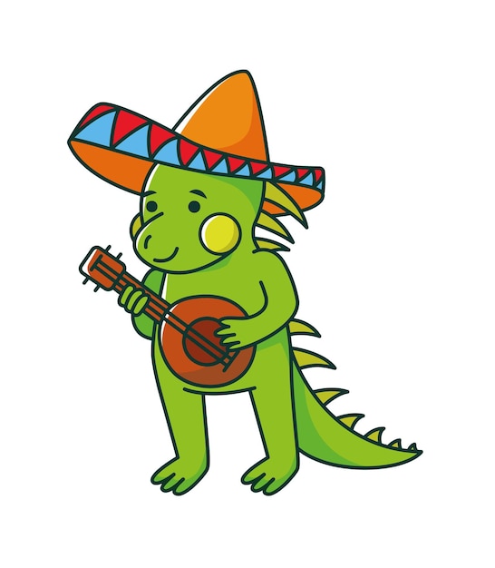 Green dinosaur playing a guitar with a sombrero.