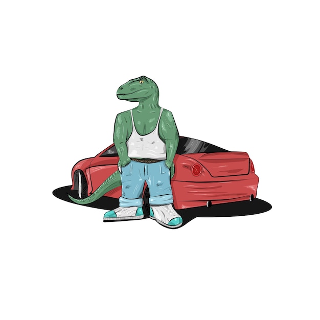 Vector green dinosaur velociraptor stands at the red sport car in casual clothes