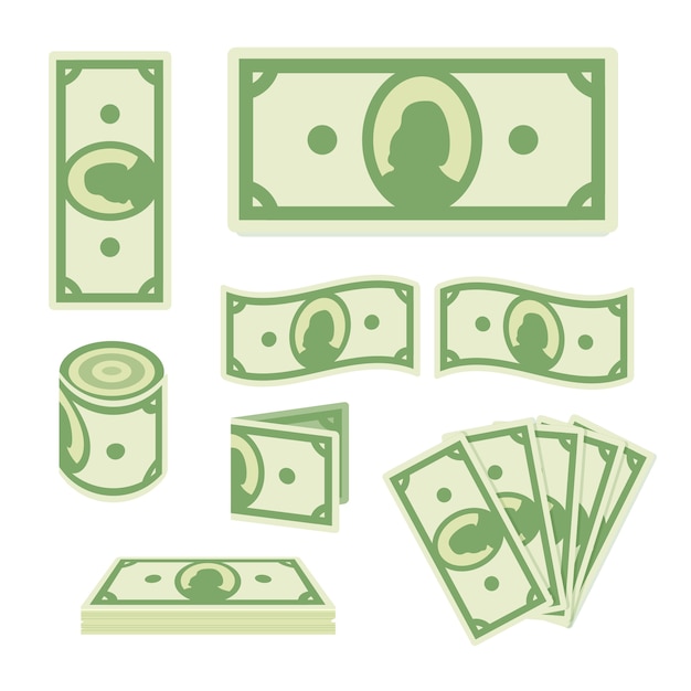 Vector green dollar banknotes set on white background