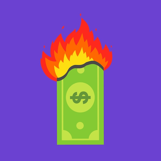 Vector green dollar bill burns. financial crisis. flat vector illustration.