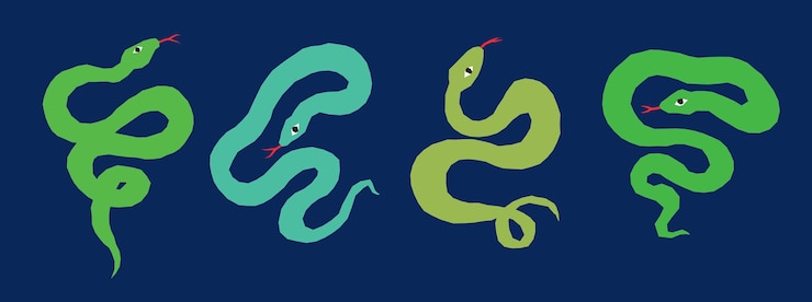 Vector green doodle snake collection sketchy style funny snakes with red tonguex9