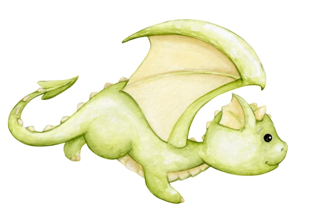 green dragon in cartoon style Watercolor clipart of a cute fantastic animal on an isolated background