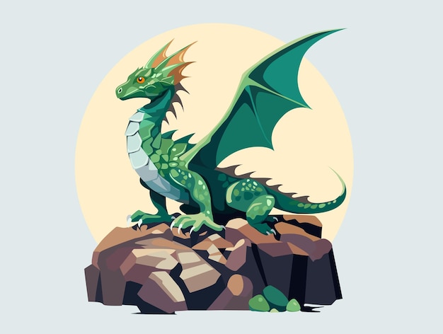 Vector green dragon on the rocks