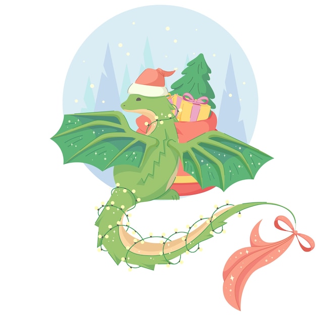 Green dragon in Santa Claus hat with bag of gifts and Christmas tree on background of Christmas trees and snow Vector illustration for children flat cartoon style with outline