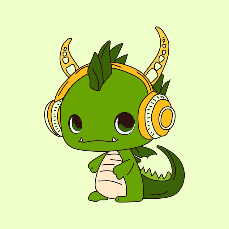 Vector green dragon with green hair and green eyes wearing a headphones vector art illustration