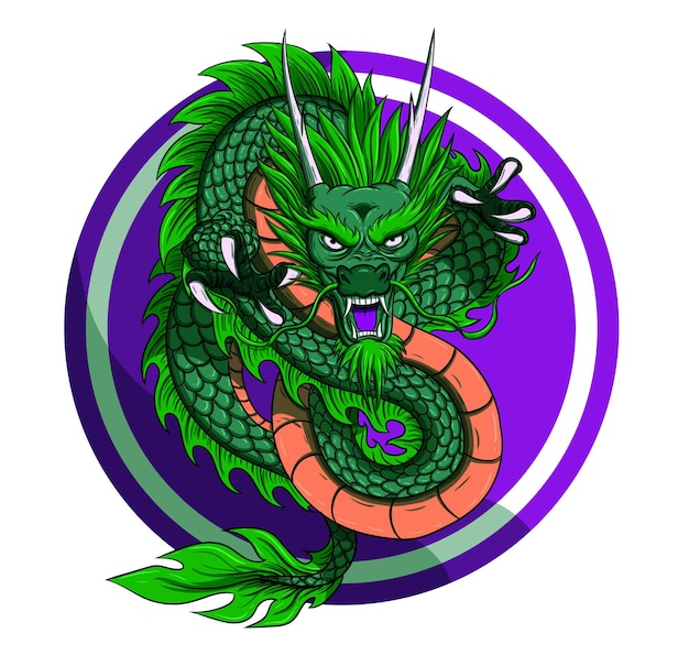 Vector green dragon with a purple circle in the middle