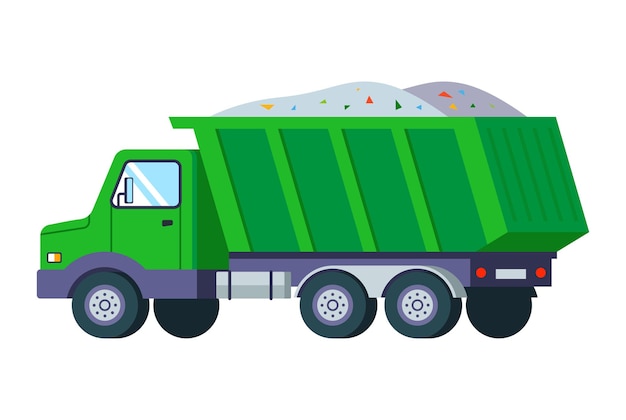 Green dump truck carries a pile of sand. truck back view. flat vector illustration.