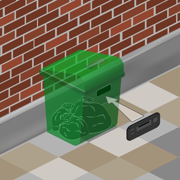 Green dumpster on the background of a brick wall