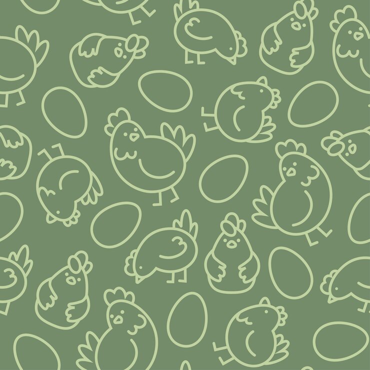 Vector green easter seamless pattern of linear chickens and eggs
