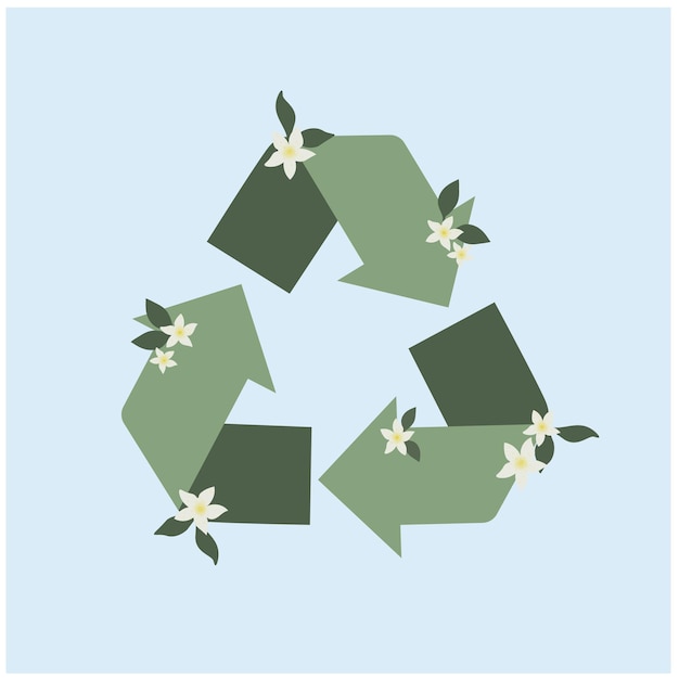 Green eco arrow recycle with flowers and greenery. Zero waste concept. Eco friendly emblem logo