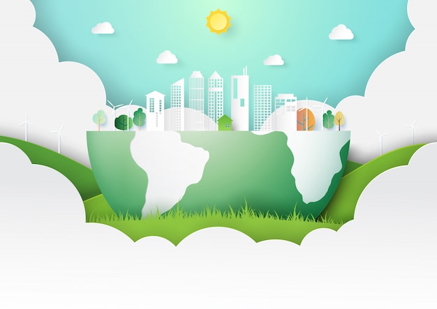 Vector green eco city concept paper art style