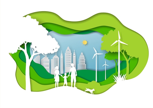 Green eco city with family love nature paper art landscape in depth layer background