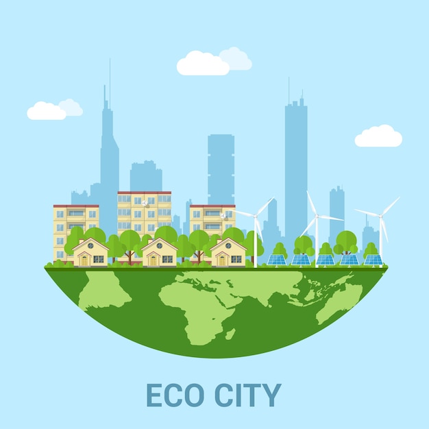 Вектор Зеленый эко-город с частными домами, панельными домами, ветряными турбинами и солнечными батареями, концепция стиля для возобновляемых источников энергии и экологических технологий