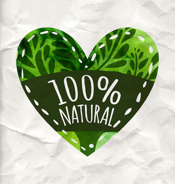Etichetta ecologica verde con testo 100 naturale cuore di vettore