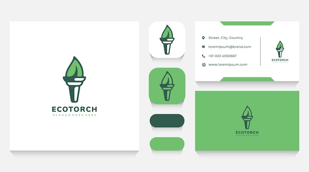 Vector green and eco torch logo template and business card