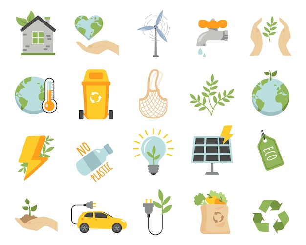 Иконки зеленой экологии и окружающей среды устанавливают символы планеты с домашним ветром и солнечной электростанцией