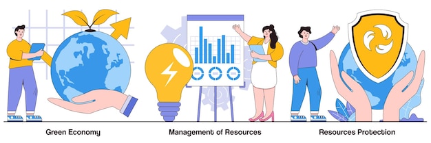 Economia verde gestione delle risorse concetti di protezione delle risorse con i personaggi delle persone tecnologie ecocompatibili pacchetto di illustrazioni vettoriali astratte metafora del riciclaggio dei rifiuti di energia alternativa