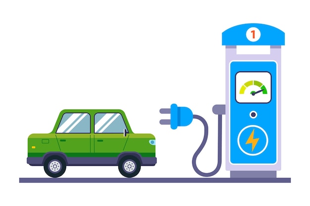 Green electric car is charging at the station. flat